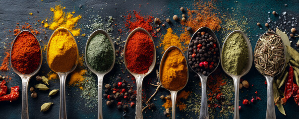 A row of spoons holds brightly colored powdered spices and seeds (paprika, turmeric, leafy greens, pepper, cumin, fennel), a rich and colorful scene perfect for culinary, seasoning, and food industry