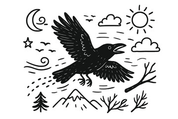 Obraz premium Raven in Flight. Raven flight. Hand-drawn doodle illustration Raven flight wings spread, feather trail, sky, clouds, mountain, branch, flock of birds, wind