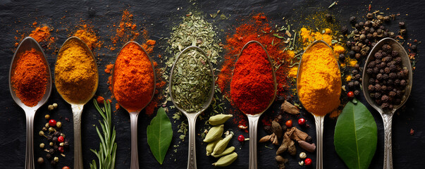 A row of spoons holds brightly colored powdered spices and seeds (paprika, turmeric, leafy greens, pepper, cumin, fennel), a rich and colorful scene perfect for culinary, seasoning, and food industry