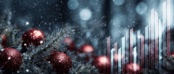 The quiet beauty of a festive christmas scene. Profit margin. Subtle twist: burgundy baubles with evergreen in snow. Profit projection. Investment trends.