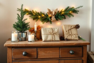 Elegant rustic Christmas decor on wooden dresser