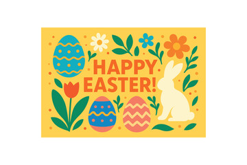 Flat vector illustration bright cheerful Easter banner Bold lettering: Happy Easter! The illustration features stylized decorated eggs bunny silhouette and spring flowers Stock vector style