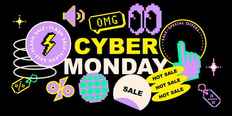Y2k inspired set of Cyber Monday shopping stickers in 8 bit retro game digital nostalgic style. Percentage symbol, lightning flash, big eyes icons. Promotion special offers vector elements on black bg