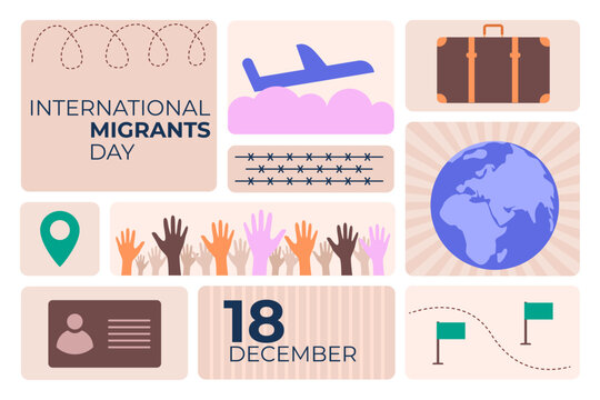 Bento-style vector illustration for International Migrants Day with raised hands, globe, suitcase, airplane, and symbols of migration, unity, and human rights.