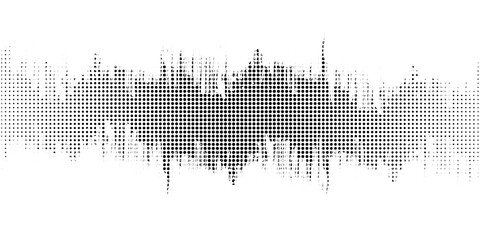 Black halftone pattern for screen blending mode. Halftone pattern audio waveform. Sound wave spectrum. Modern design rhythm of heart. Abstract dotted ornament isolated on white background