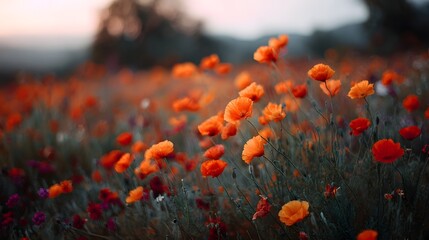Obraz premium A vibrant field of red and orange poppies blooming under the soft light of golden hour creating a serene natural landscape
