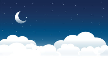 Night Sky Landscape with Moon and Clouds Vector Illustration Tranquil Scene Dark Blue Gradient Backdrop Fantasy Dreamlike Scenery Peaceful Ambience Lunar Light Cloudscape