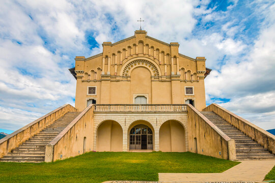 Santuario Madonna di Montecastello, Italy, perched on a hilltop, offering panoramic views of the surrounding valleys, historic architecture, and a serene, spiritual atmosphere