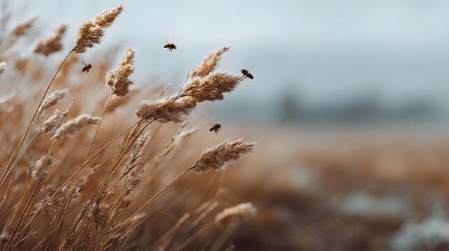 Bees actively flying around tall golden reeds swaying in a gentle breeze under a soft sky