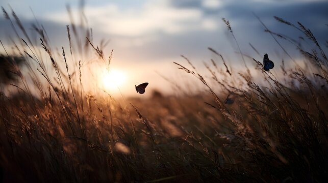 Delicate butterflies flutter in a serene golden lit grassland during a tranquil sunset - Powered by Adobe