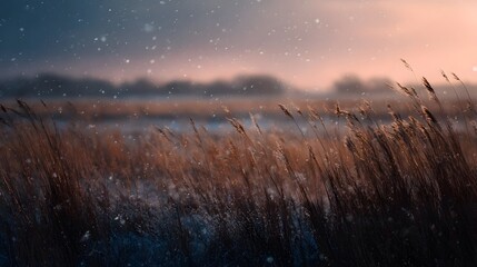 Golden dry grass in a snowy field at dusk with soft snowflakes falling against a pastel sky