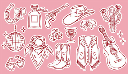 Cowgirl coquette aesthetic stickers set. Cowgirl party elements collection. 