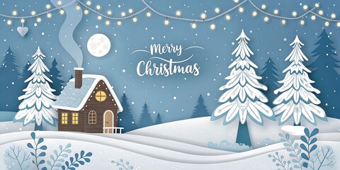 Cozy winter cabin scene with snowfall and twinkling lights celebrating a merry christmas in a peaceful forest landscape