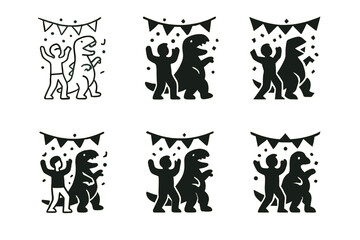 Obraz premium Costume Party Logos. people wearing funny costumes at a costume party. Set Logo of people wearing funny costumes at a costume party: Inflatable dinosaur suit.