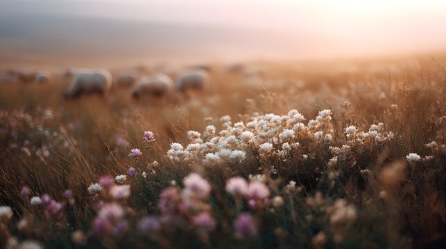 A serene field of wildflowers bathed in golden morning light with sheep grazing in the distance - Powered by Adobe