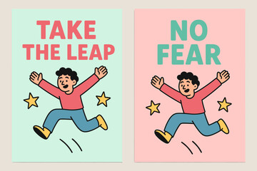 Naklejka premium Bold Cartoon Banners. Bold Moves. Two vertical A6 banners with safe margins, centered composition, no elements touching edges, cartoon, pastel mint and pink,