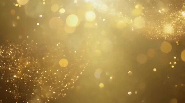 An elegant, sparkling wave of golden glitter particles flows gently across a soft, warm, out-of-focus golden bokeh background. 