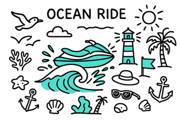 Naklejka premium Ocean Adventure Doodle. // Ocean ride. Hand-drawn doodle illustration Ocean ride [jet ski (accented), rolling wave (accented), seagull, lighthouse (accented),