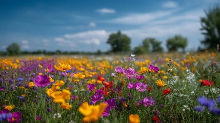 Obraz premium A vibrant meadow bursting with colorful wildflowers under a clear blue sky