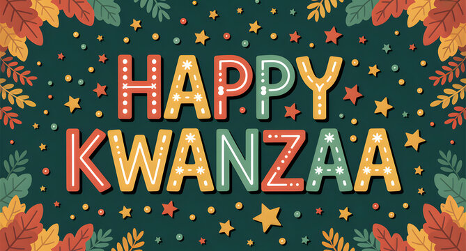 Happy kwanzaa wishes with colorful leaves and stars