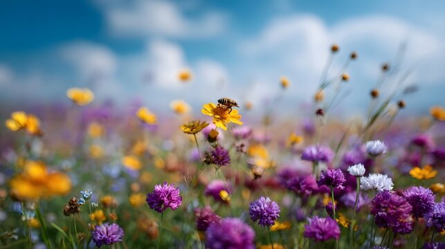 A vibrant field of colorful wildflowers with a bee collecting nectar under a bright blue cloudy sky