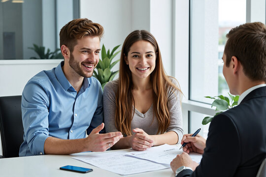 Happy young couple smiling while meeting with a financial advisor or real estate agent to review contracts and plans in a modern office