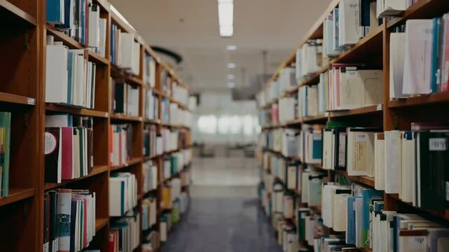 Empty walkway or corridor between rows of tall stacks and bookshelves in a library. Architecture, Reading and learning environment concept