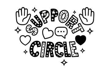 Fototapeta premium Decorative Support Circle. Support Circle ? playful decorative display lettering; patterned letters (dots/stripes/stars), arched word-shape; framed with small