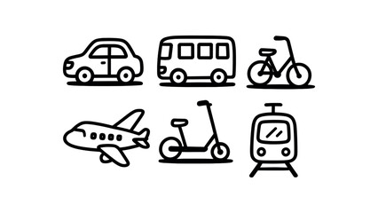 minimal black and white doodle illustration of transportation set including bus bicycle scooter airplane and train bold black outline simple details strong shadow effect isolated on white