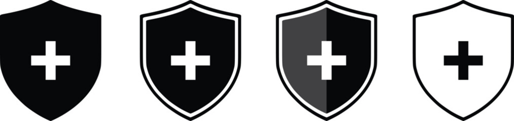 Health protection shield icon set in circular outline. Medical safety and security symbol