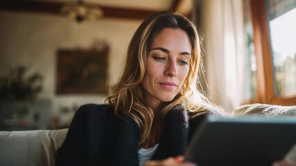 Serene and happy young woman relaxing on a cozy sofa in her living room, smiling while browsing the internet or reading on a digital tablet in the warm sunlight coming from a window - Powered by Adobe