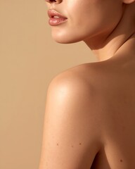 a close-up shot of a person's shoulder, neck and lips, demonstrating smooth, radiant skin and natural beauty