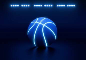 Blue basketball with bright blue glowing neon lines in under illuminated floodlights