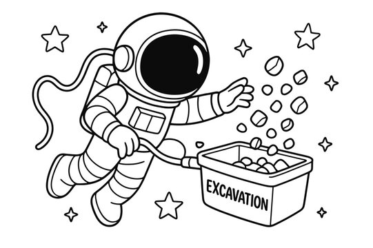 Space Pebble Adventure. Zero-gravity excavation children?s coloring book illustration, outlined drawing, tethered astronaut guiding floating pebbles into a