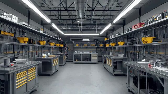 Modern industrial workshop interior with organized metal workbenches tools and equipment under bright LED lighting in professional workspace