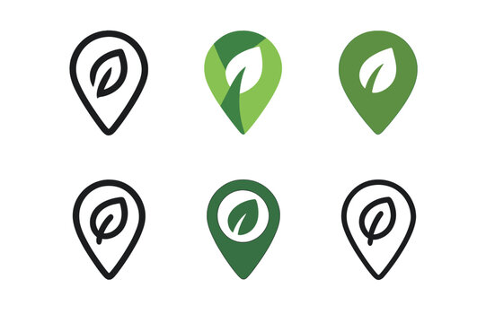 Urban Foraging Logos. Urban foraging. Set Logo of Urban foraging: map pin with leaf. harmonious logo variations of the same emblematic concept, each with