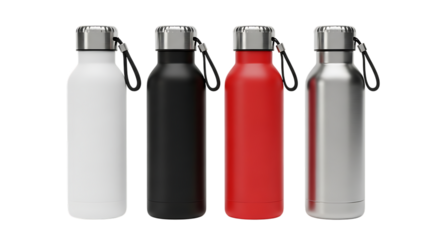 Four colorful reusable water bottles isolated on transparent background, ecofriendly hydration