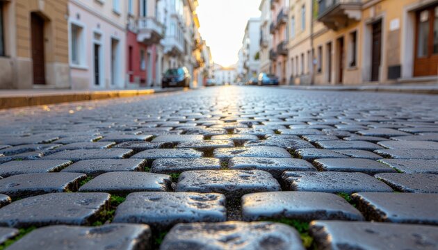 Morning light illuminates cobblestone streets urban landscape street photography calm environment ground view serene city vibe - Powered by Adobe
