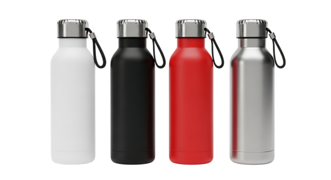 Four colorful reusable water bottles isolated on transparent background, ecofriendly hydration
