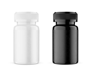 Medical supplement bottles displaying white and black containers isolated. 3D rendering illustration. Transparent PNG image.