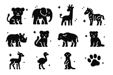 Obraz premium Young Savanna Icons. Young Animals of the Savanna. Solid icons set of Young Animals of the Savanna: lion cub, baby elephant, giraffe calf, zebra foal, rhino