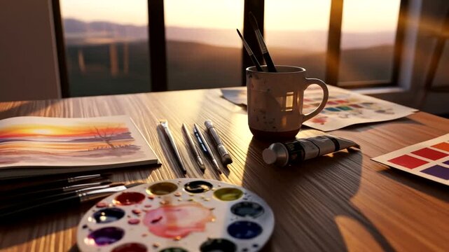 A serene artist's workspace at sunset, showcasing paint supplies and vibrant artwork in progress