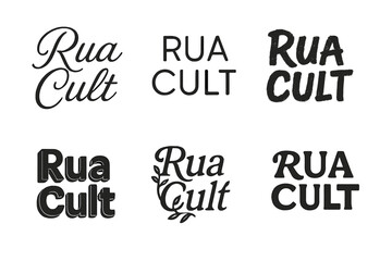 Diverse Lettering Styles. Rua Cult. Set lettering. harmonious lettering variations of the same emblematic concept, each with different artistic interpretation