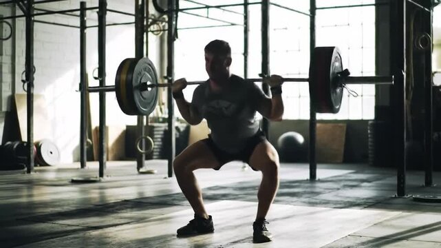 A man performing a heavy barbell back squat in a gritty, industrial-style gym.