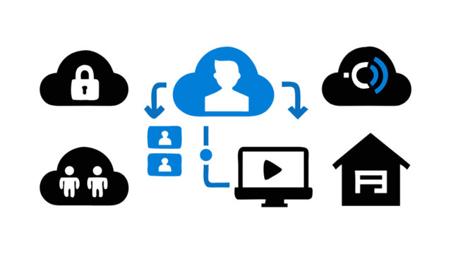 Cloud computing and networking concept with icons representing data security, collaboration, video streaming, social media, and remote access