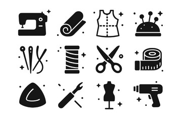 Cosplay Crafting Icons. Cosplay costume crafting. Solid icons set of Cosplay costume crafting: sewing machine, fabric roll, pattern paper, pins, needles,