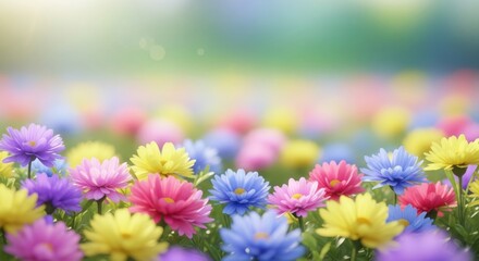 Vibrant field of colorful flowers in soft sunlight