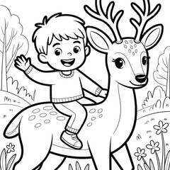 Cute cartoon boy riding a friendly deer with antlers