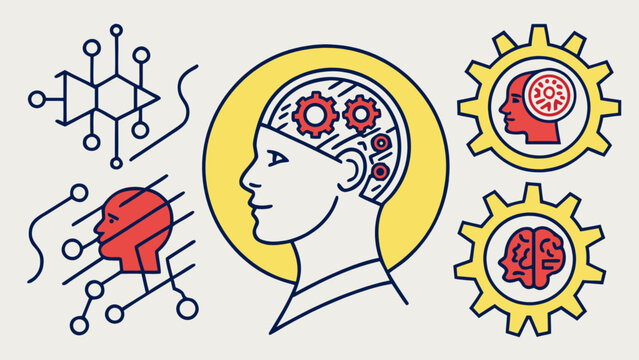 A head with gears, a molecule, and a face in a gear, this image represents the concept of artificial intelligence