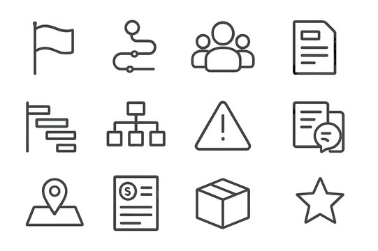 Kickoff Line Icon Set. Project Kickoff. Line icon set of Project Kickoff: kickoff flag, roadmap, team roles, scope document, timeline Gantt, resource plan,